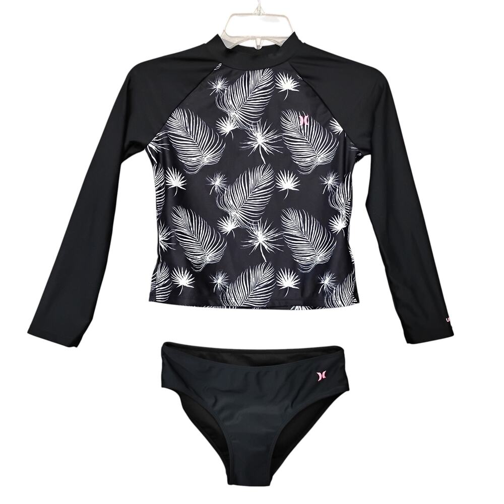 Hurley Rashgard 2 Piece Swim Set Size 12 Black With White Feathers Print UPF50